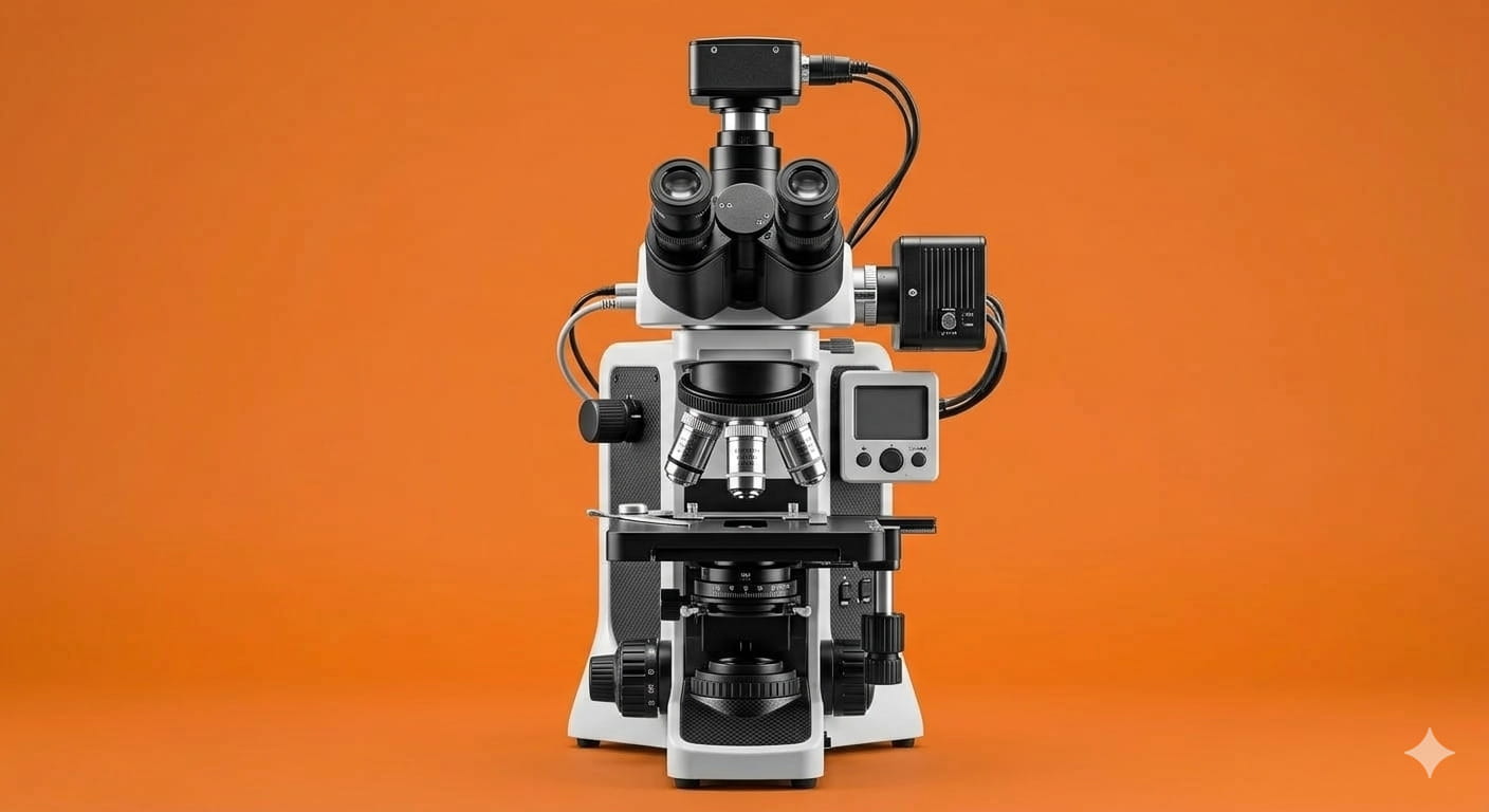Microscopio professionale su sfondo arancione