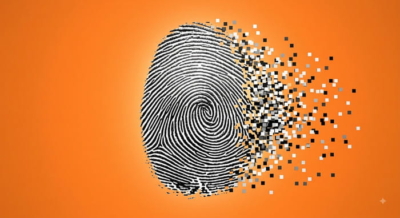 Impronta digitale che si dissolve in pixel, simbolo di identità digitale e cybercrime