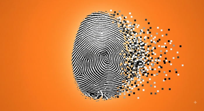 Impronta digitale che si dissolve in pixel, simbolo di identità digitale e cybercrime