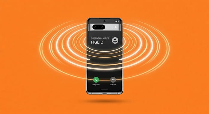 Smartphone con chiamata in arrivo e onda sonora, simbolo delle truffe con clonazione vocale